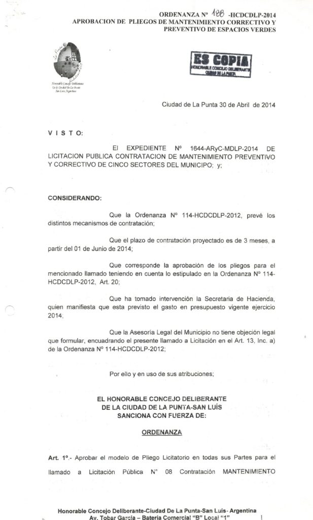 thumbnail of ORDENANZA N°188-NO VIGENTE-HCDCDLP-2014- APROBACION DE PLIEGOS DE MANTENIMIENTO CORRECTIVO Y PREVENTIVO DE ESPACIOS VERDES