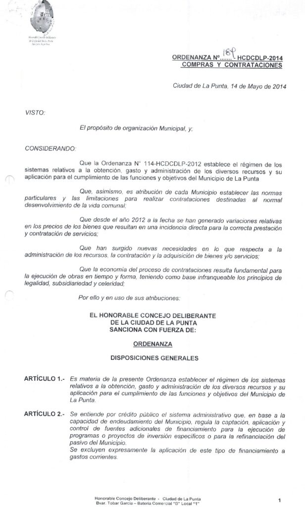 thumbnail of ORDENANZA N°189 -NO VIGENTE-HCDCDLP-2014-COMPRAS Y CONTRATACIONES