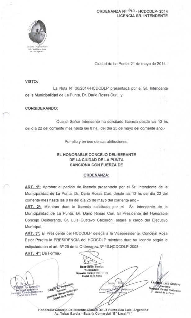 thumbnail of ORDENANZA N°190-NO VIGENTE-HCDCDLP-2014- LICENCIA SR. INTENDENTE