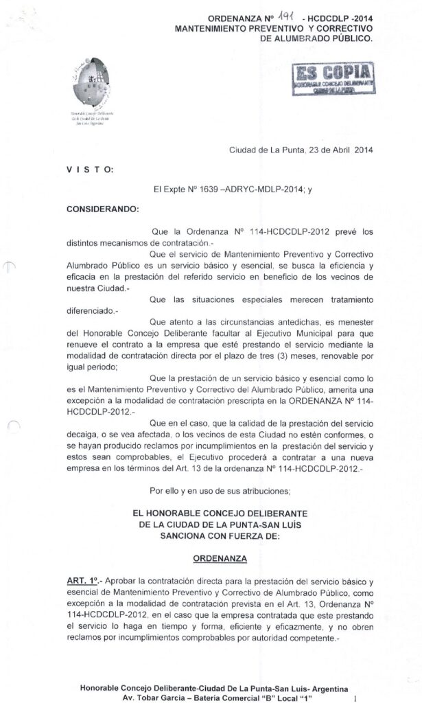 thumbnail of ORDENANZA N°191 -NO VIGENTE-HCDCDLP-2014-MANTENIMIENTO PREVENTIVO Y CORRECTIVO DE ALUMBRADO PUBLICO