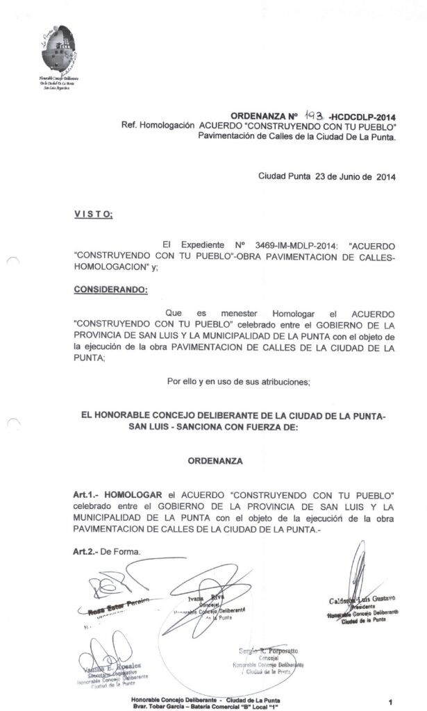 thumbnail of ORDENANZA N°193-NO VIGENTE-HCDCDLP-2014- Ref.HOMOLOGACION ACUERDO CONSTRUYENDO CON TU PUEBLO PAVIMENTACION DE CALLES DE LA CIUDAD DE LA PUNTA