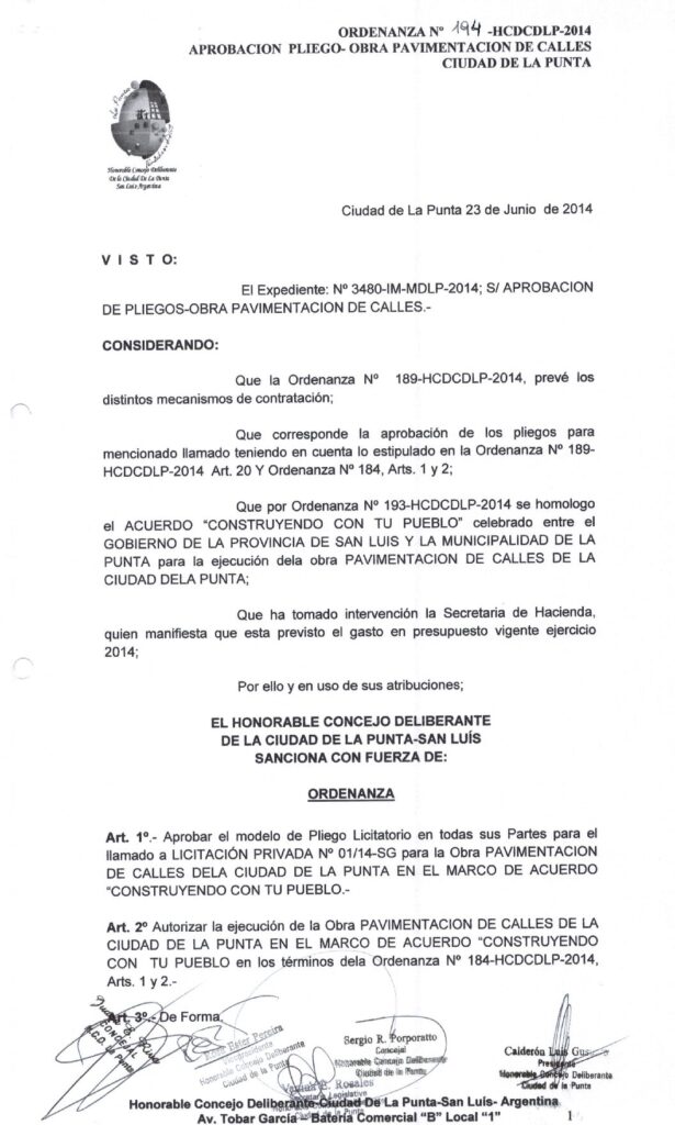 thumbnail of ORDENANZA N°194-NO VIGENTE-HCDCDLP-2014- APROBACION PLIEGO-OBRA PAVIMENTACION DE CALLES CIUDAD DE LA PUNTA