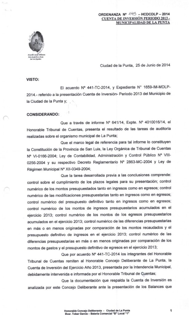 thumbnail of ORDENANZA N°195-NO VIGENTE-HCDCDLP-2014- CUENTA DE INVERSION PERIODO 2013-MUNICIPALIDAD DE LA PUNTA