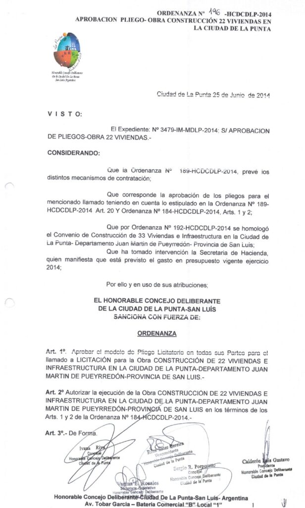 thumbnail of ORDENANZA N°196-NO VIGENTE-HCDCDLP-2014- APROBACION PLIEGO-OBRA CONSTRUCCION 22 VIV.EN LA CIUDAD DE LA PUNTA