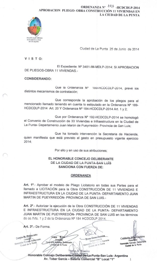 thumbnail of ORDENANZA N°197-NO VIGENTE-HCDCDLP-2014 -APROBACION PLIEGO-OBRA CONSTRUCCION 11 VIV.EN CIUDAD DE LA PUNTA