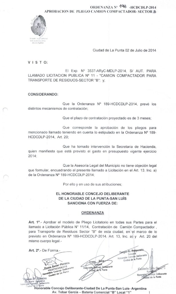 thumbnail of ORDENANZA N°198-NO VIGENTE-HCDCDLP-2014-APROBACION DE PLIEGO CAMION COMPACTADOR- SECTOR B