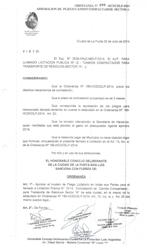 thumbnail of ORDENANZA N°199-NO VIGENTE-HCDCDLP-2014- APROBACION DE PLIEGO CAMION COMPACTADOR-SECTOR A