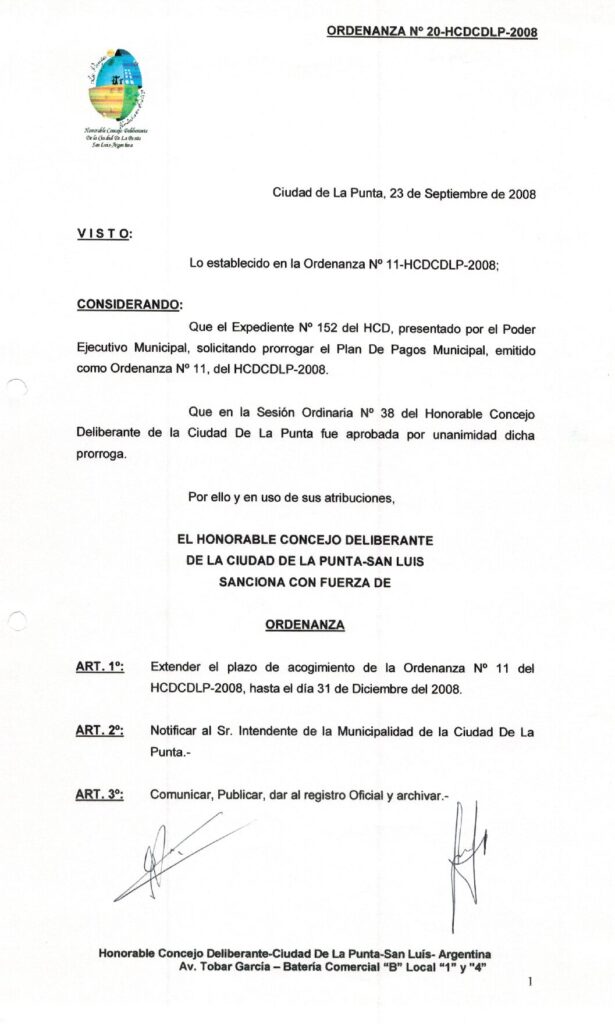 thumbnail of ORDENANZA N°20 -NO VIGENTE-HCDCDLP-2008-EXTENSION PLAZO DE ACOGIMIENTO DE ORDENANZA N°11-2008