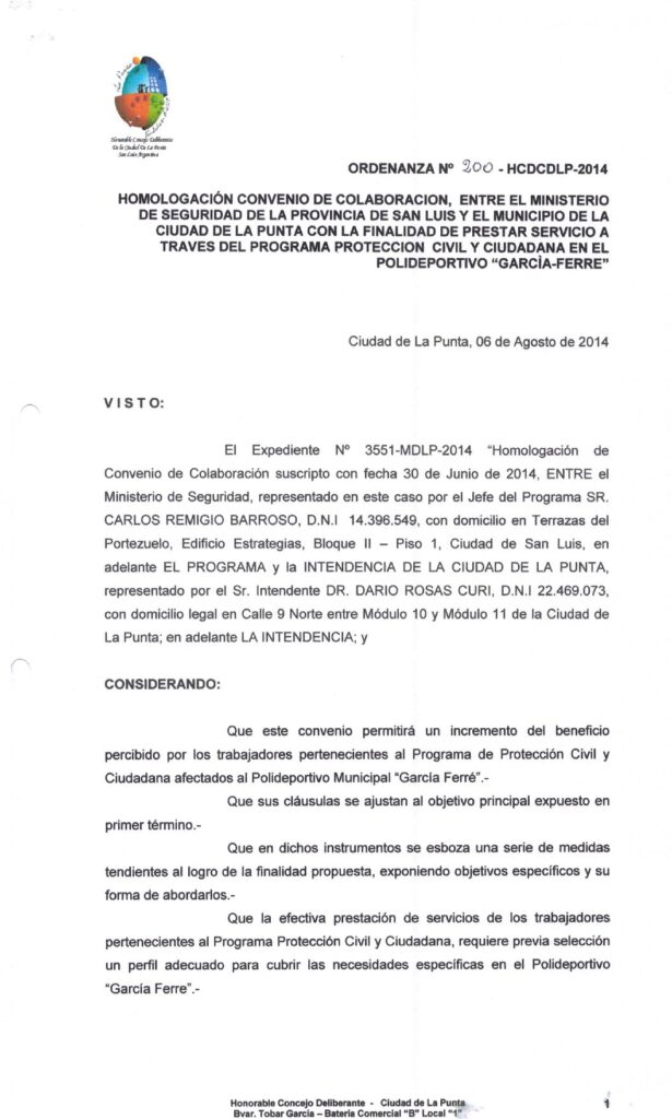thumbnail of ORDENANZA N°200-NO VIGENTE-HCDCDLP-2014-HOMOLOGACION CONVENIO ENTRE EL MINISTERIO DE SEGURIDAD Y EL MDLP.