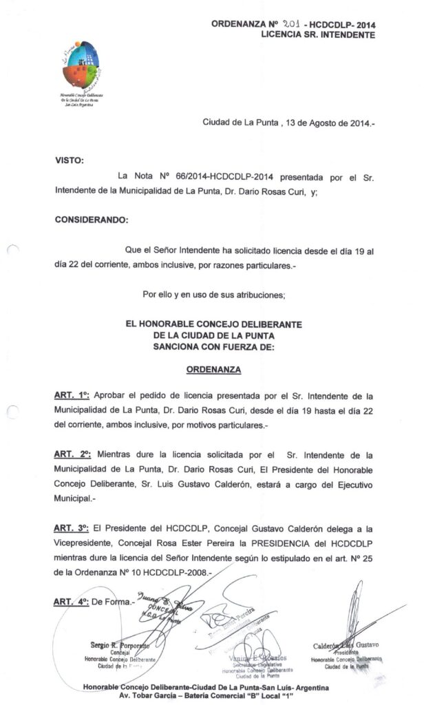 thumbnail of ORDENANZA N°201-NO VIGENTE-HCDCDLP-2014- LICENCIA SR. INTENDENTE
