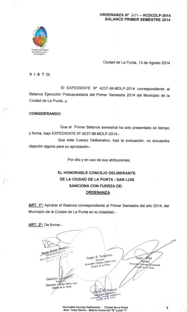 thumbnail of ORDENANZA N°204-NO VIGENTE-HCDCDLP-2014- BALANCE PRIMER SEMESTRE 2014