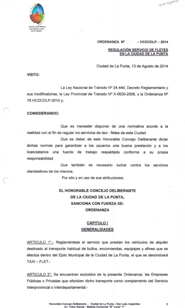 thumbnail of ORDENANZA N°205-NO VIGENTE-HCDCDLP-2014- REGULACION DE SERVICIO DE FLETES EN LA CIUDAD DE LA PUNTA