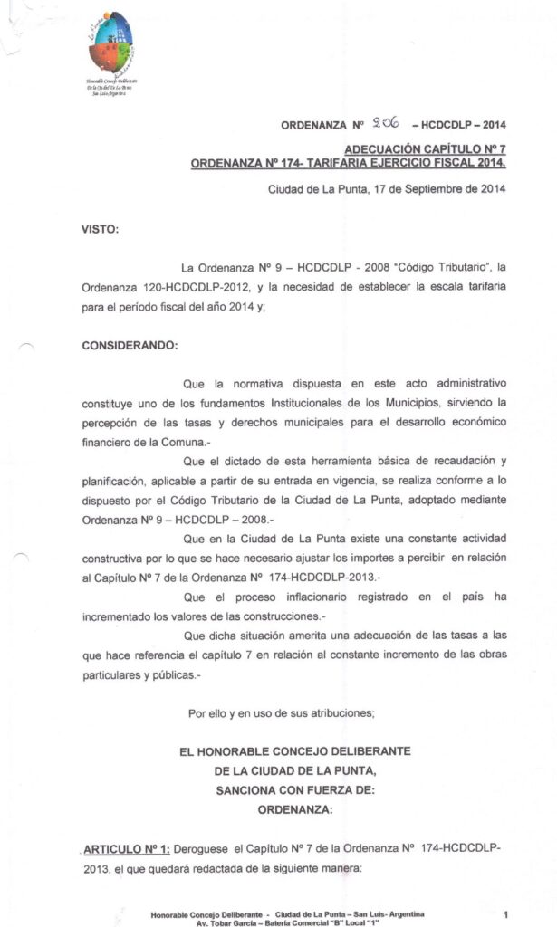 thumbnail of ORDENANZA N°206-NO VIGENTE-HCDCDLP-2014- ADECUACION CAPITULO N°7 ORDENANZA N°174-TARIFARIA EJERCICIO FISCAL 2014