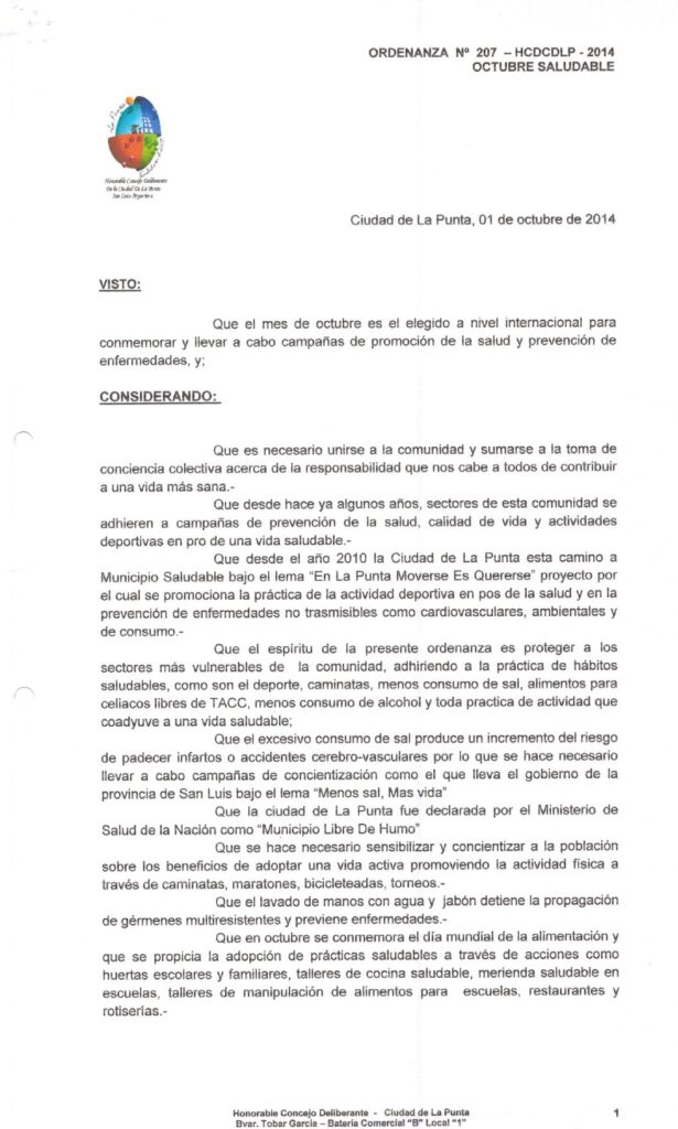 thumbnail of ORDENANZA N°207 -VIGENTE-HCDCDLP-2014-OCTUBRE SALUDABLE