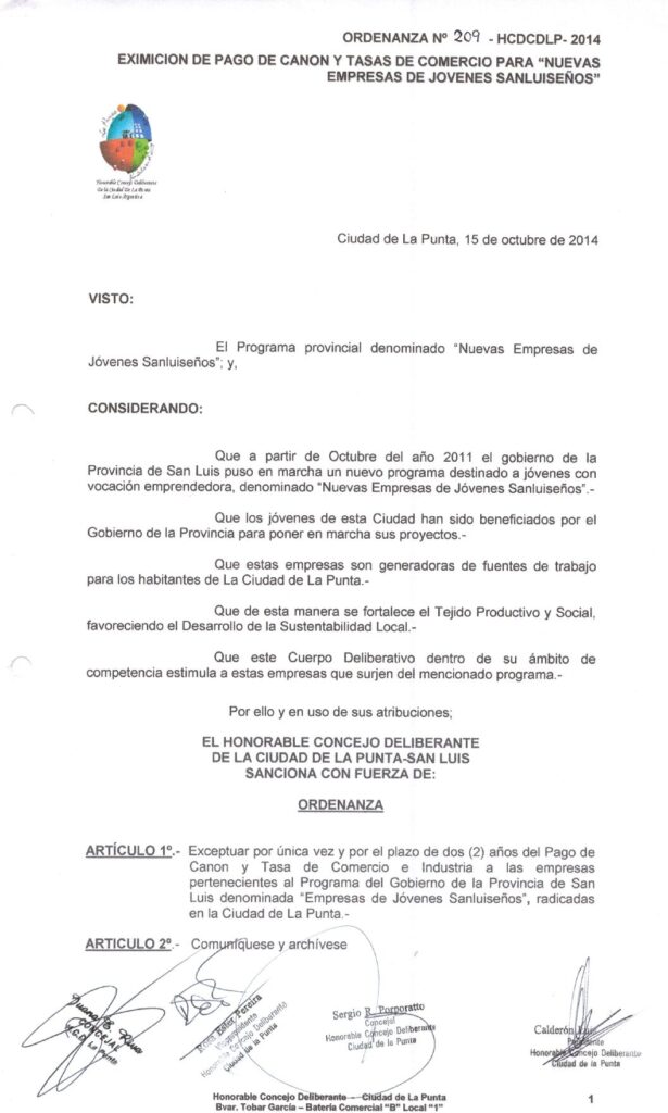 thumbnail of ORDENANZA N°209-NO VIGENTE-HCDCDLP-2014- EXIMISION DE PAGO DE CANON Y TASAS DE COMERCIO PARA NUEVAS EMPRESAS DE JOVENES SANLUISEÑOS