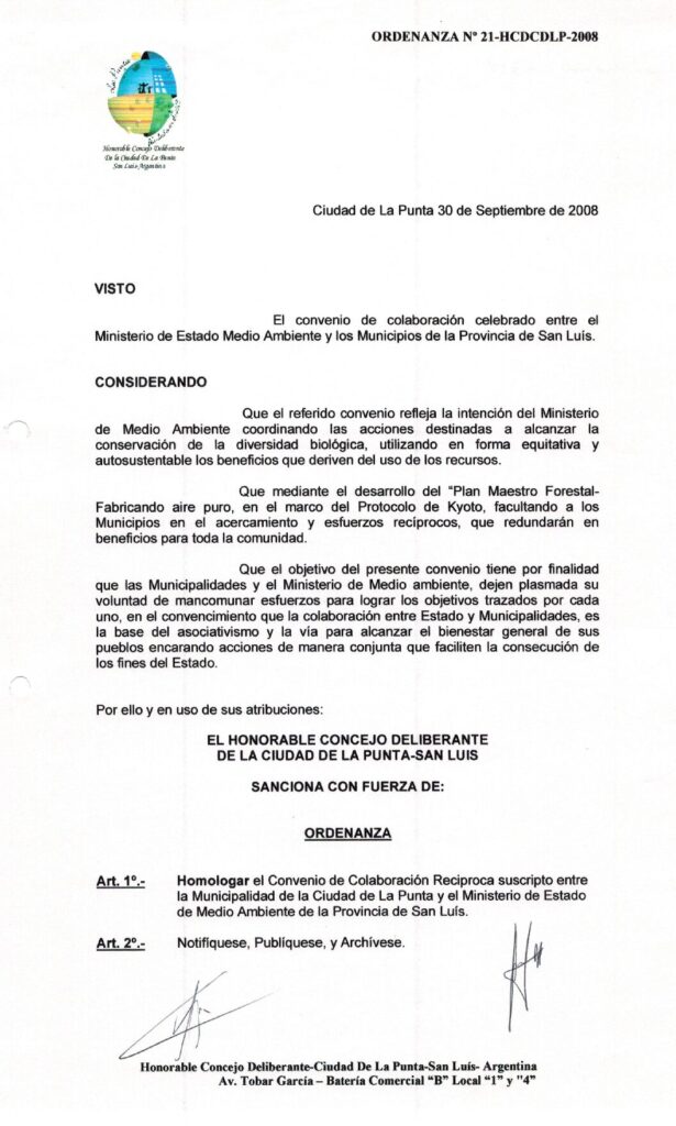 thumbnail of ORDENANZA N°21-NO VIGENTE-HCDCDLP-2008-HOMOLOGACION CONVENIO ENTRE MUNICIPIO Y MINISTERIO DE MEDIOAMBIENTE