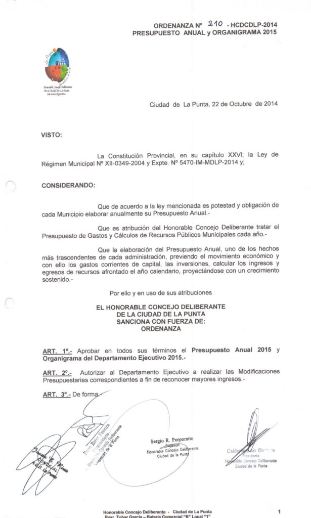 thumbnail of ORDENANZA N°210-NO VIGENTE-HCDCDLP-2014- PRESUPUESTO ANUAL Y ORGANIGRAMA 2015