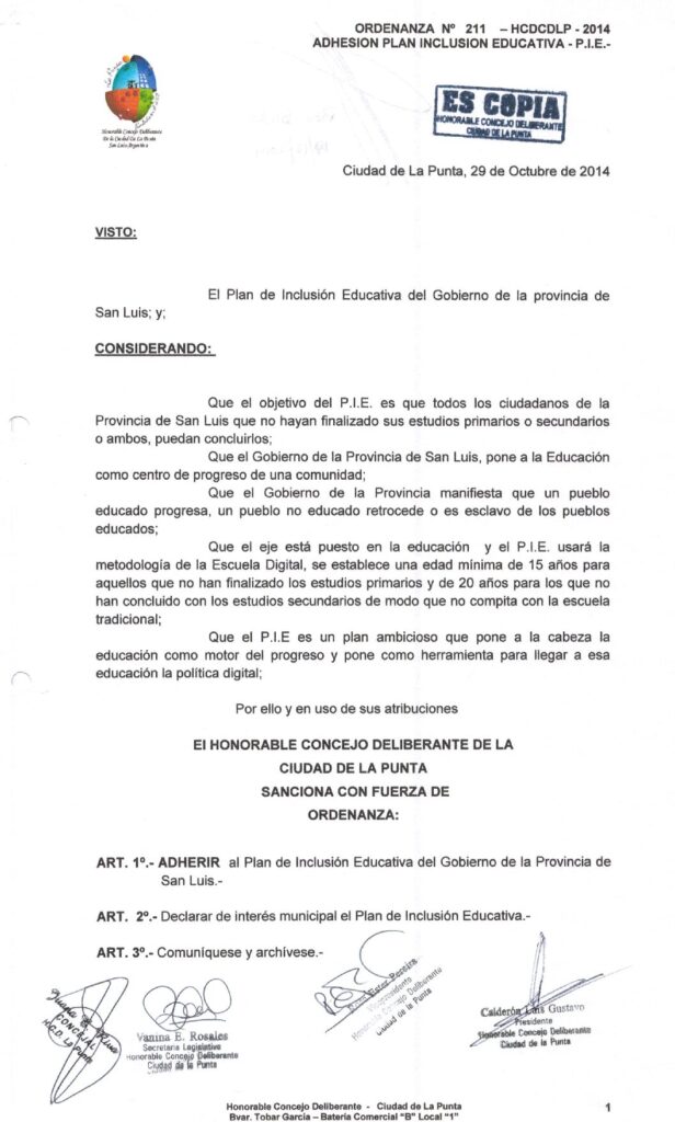 thumbnail of ORDENANZA N°211-NO VIGENTE-HCDCDLP-2014- ADHESION PLAN INCLUSION EDUCATIVA- P.I.E.-