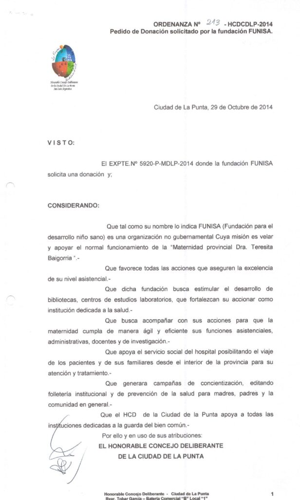 thumbnail of ORDENANZA N°213-NO VIGENTE-HCDCDLP-2014- PEDIDO DE DONACION SOLICITADO POR LA FUNDACION FUNISA