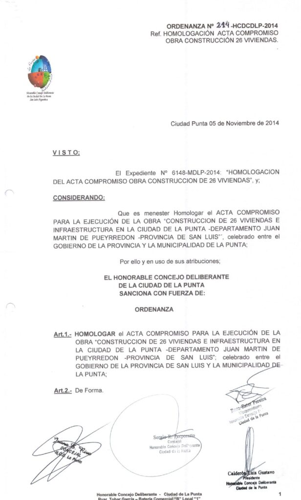 thumbnail of ORDENANZA N°214-NO VIGENTE-HCDCDLP-2014- Ref.HOMOLOGACION ACTA COMPROMISO OBRA CONSTRUCCION 26 VIVIENDAS.