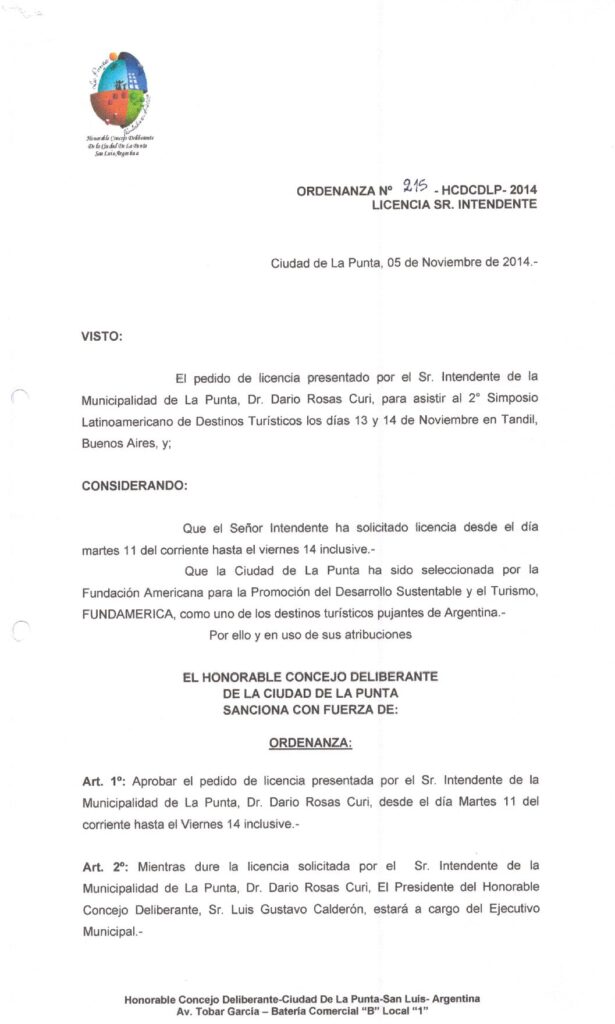thumbnail of ORDENANZA N°215-NO VIGENTE-HCDCDLP-2014- LICENCIA SR. INTENDENTE