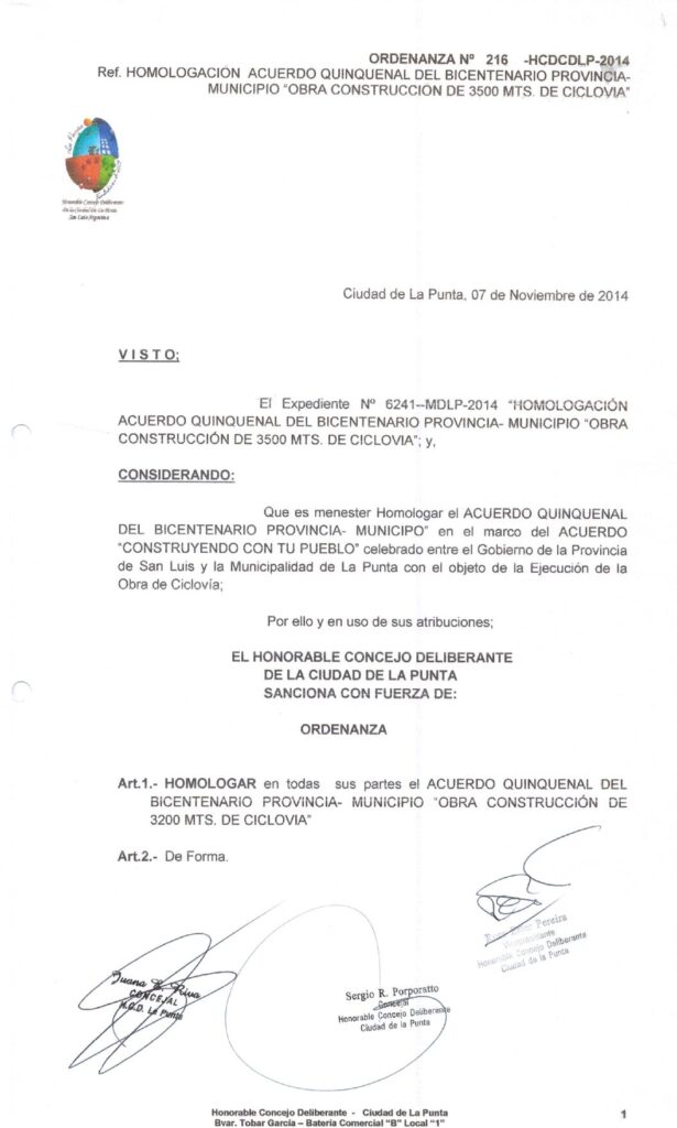 thumbnail of ORDENANZA N°216-NO VIGENTE-HCDCDLP-2014- Ref.HOMOLOGACION ACUERDO QUINQUENAL DEL BICENTENARIO PROVINCIA-MUNICIPIO OBRA CONSTRUCCION DE 3500MTS. DE CICLOVIA