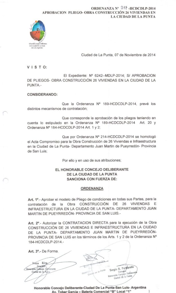 thumbnail of ORDENANZA N°217-NO VIGENTE-HCDCDLP-2014- APROBACION PLIEGO-OBRA CONSTRUCCION 26 VIVIENDASS EN LA CIUDAD DE LA PUNTA