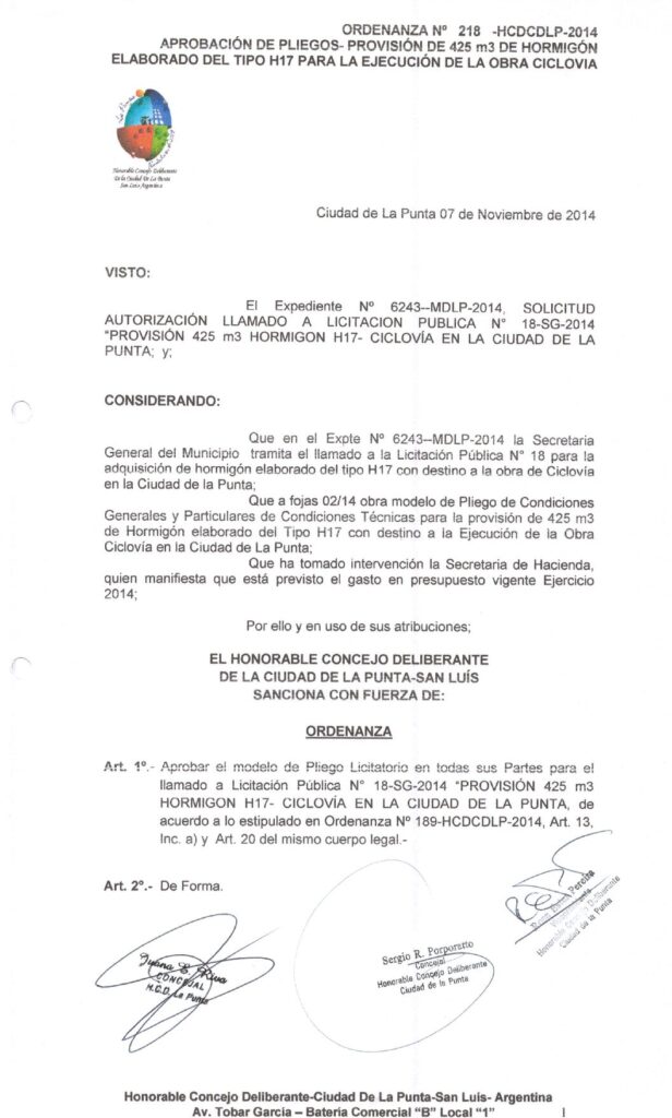 thumbnail of ORDENANZA N°218-NO VIGENTE-HCDCDLP-2014- APROBACION DE PLIEGOS-PROVISION DE 425m3 DE HORMIGON ELABORADO DEL TIPO H17 PARA LA EJECUCION DE LA OBRA CICLOVIA
