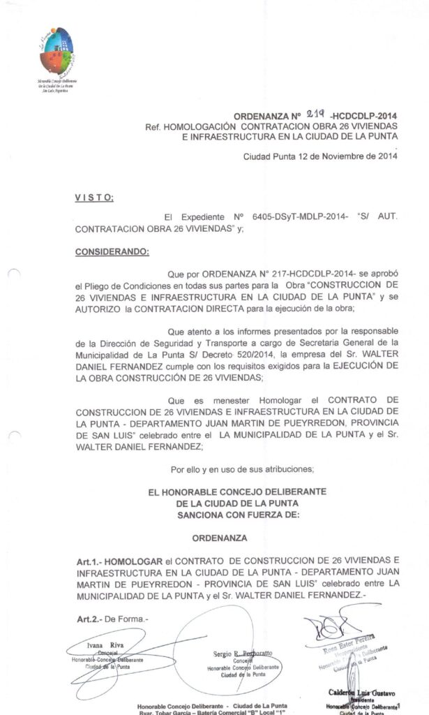 thumbnail of ORDENANZA N°219-NO VIGENTE-HCDCDLP-2014- Ref.HOMOLOGACION CONTRATACION OBRA 26 VIVIENDAS E INFRAESTRUCTURA EN LA CIUDAD DE LA PUNTA