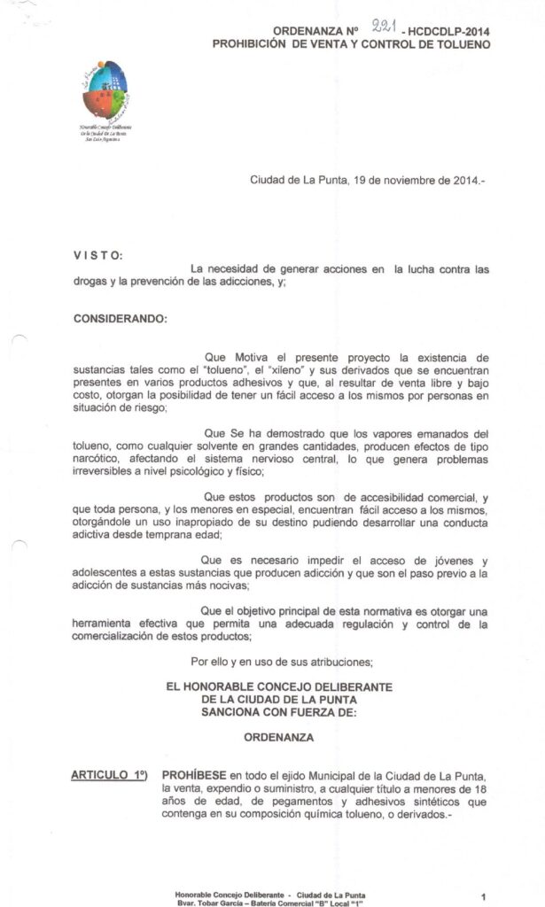 thumbnail of ORDENANZA N°221-VIGENTE-HCDCDLP-2014- PROHIBICION DE VENTA Y CONTROL DE TOLUENO