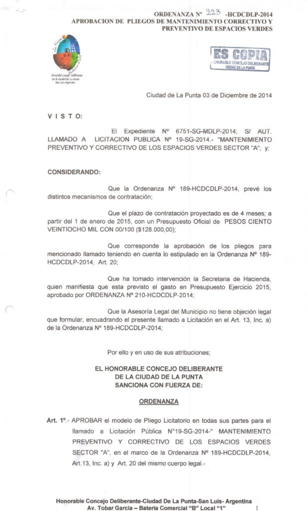thumbnail of ORDENANZA N°223 -NO VIGENTE-HCDCDLP-2014-APROBACION DE PLIEGOS DE MANTENIMIENTO CORRECTIVO Y PREVENTIVO DE ESPACIOS VERDES