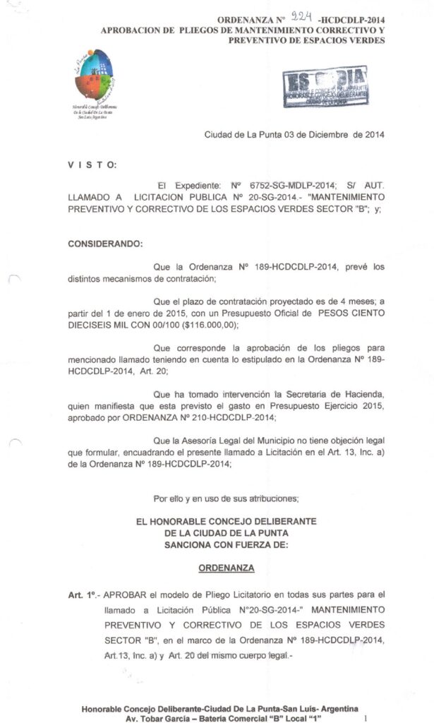 thumbnail of ORDENANZA N°224-NO VIGENTE-HCDCDLP-2014- APROBACION DE PLIEGOS DE MANTENIMIENTO CORRECTIVO Y PREVENTIVO DE ESPACIOS VERDES