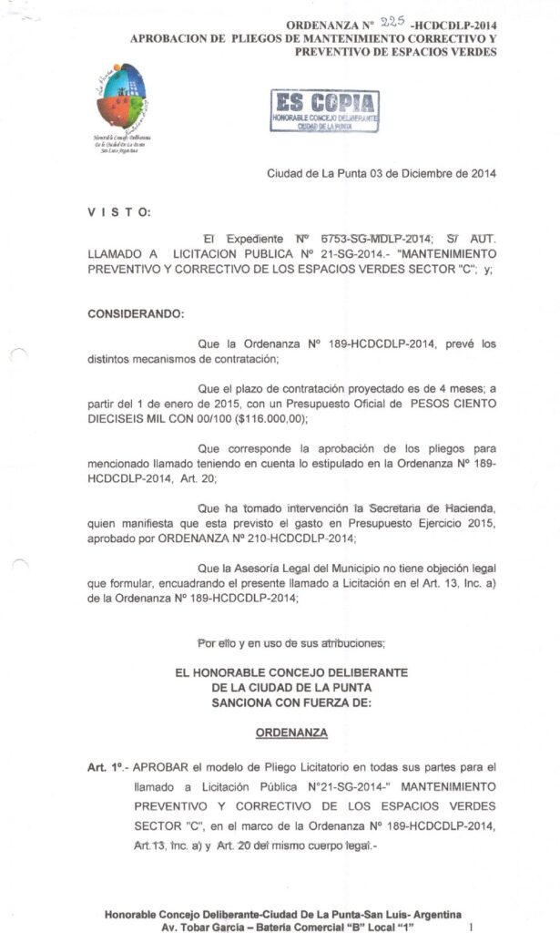 thumbnail of ORDENANZA N°225 -NO VIGENTE-HCDCDLP-2014-APROBACION DE PLIEGOS DE MANTENIMIENTO CORRECTIVO Y PREVENTIVO DE ESPACIOS VERDES