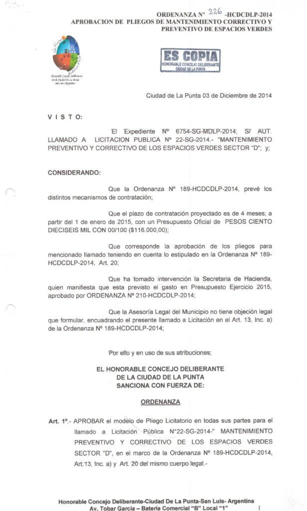 thumbnail of ORDENANZA N°226-NO VIGENTE-HCDCDLP-2014- APROBACION DE ´LIEGOS DE MANTENIMIENTO CORRECTIVO Y PREVENTIVO DE ESPACIOS VERDES