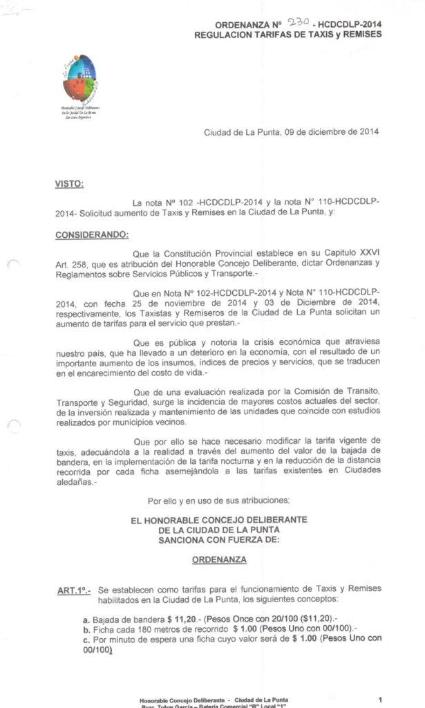 thumbnail of ORDENANZA N°230-NO VIGENTE-HCDCDLP-2014- REGULACION TARIFAS DE TAXIS Y REMISES