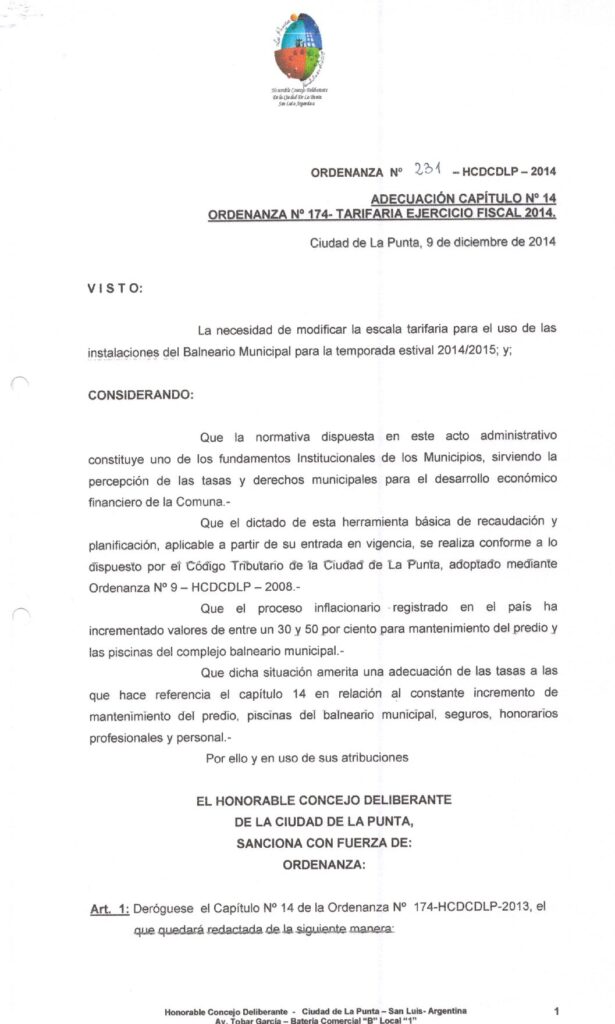 thumbnail of ORDENANZA N°231-NO VIGENTE-HCDCDLP-2014- ADECUACION CAPITULO N°14 ORDENANZA N°174-TARIFARIA EJERCICO FISCAL 2014