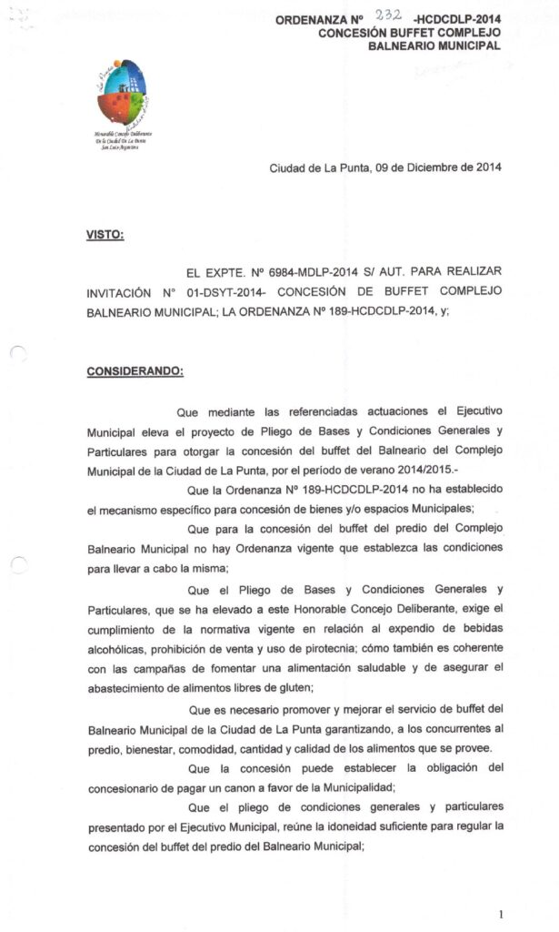 thumbnail of ORDENANZA N°232-NO VIGENTE-HCDCDLP-2014- CONCESION BUFFET COMPLEJO BALNEARIO MUNICIPAL