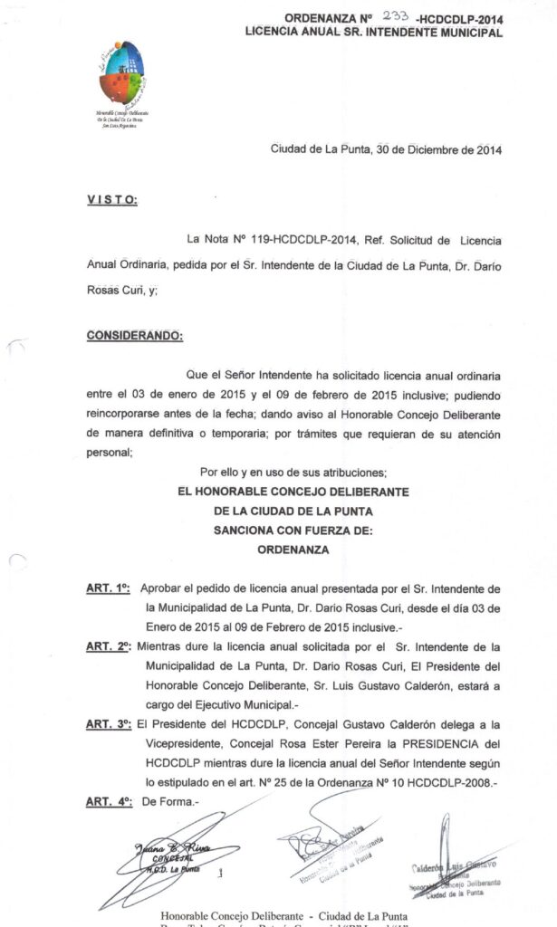 thumbnail of ORDENANZA N°233-NO VIGENTE-HCDCDLP-2014- LICENCIA ANUAL SR.INTENDENTE MUNICIPAL