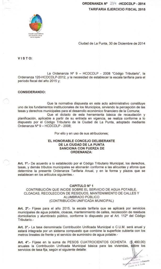 thumbnail of ORDENANZA N°234-NO VIGENTE-HCDCDLP-2014- TARIFARIA EJERCICIO FISCAL 2015