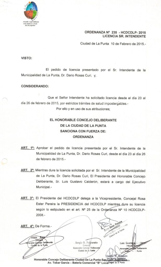 thumbnail of ORDENANZA N°235 -NO VIGENTE-HCDCDLP-2015-LICENCIA SR.INTENDENTE