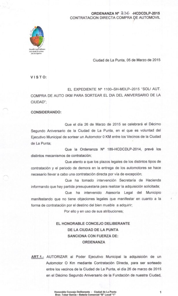 thumbnail of ORDENANZA N°236-NO VIGENTE-HCDCDLP-2015- CONTRATACION DIRECTA COMPRA DE AUTOMOVIL