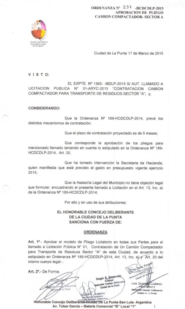 thumbnail of ORDENANZA N°237-NO VIGENTE-HCDCDLP-2015- APROBACION DE PLIEGO CAMION COMPACTADOR-SECTOR A