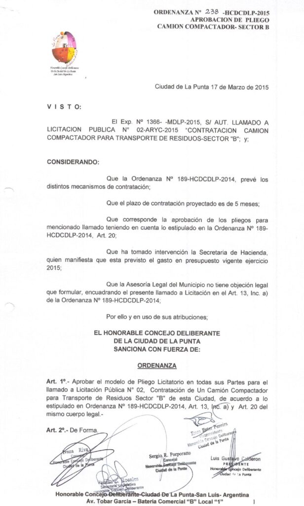 thumbnail of ORDENANZA N°238-NO VIGENTE-HCDCDLP-2015- APROBACION DE PLIEGO CAMION COMPACTADOR-SECTOR B