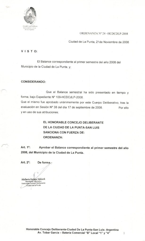 thumbnail of ORDENANZA N°24-NO VIGENTE-HCDCDLP-2008- BALANCE-2008- PRIMER CUATRIMESTRE