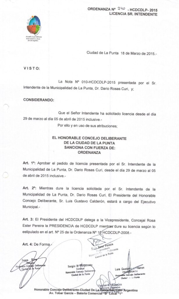thumbnail of ORDENANZA N°240-NO VIGENTE-HCDCDLP-2015- LICENCIA SR. INTENDENTE