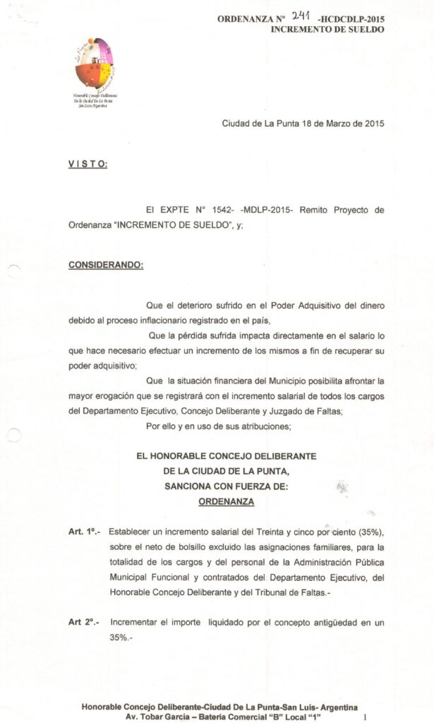 thumbnail of ORDENANZA N°241-NO VIGENTE-HCDCDLP-2015- INCREMENTO DE SUELDO