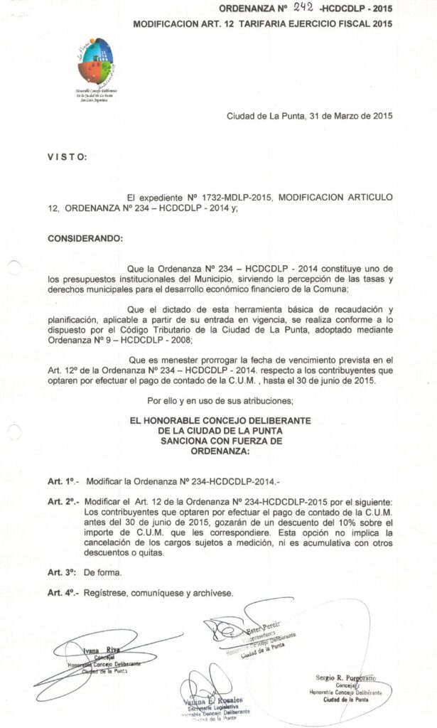 thumbnail of ORDENANZA N°242-NO VIGENTE-HCDCDLP-2015- MODIFICACION ART.12 TARIFARIA EJERCICIO FISCAL 2015