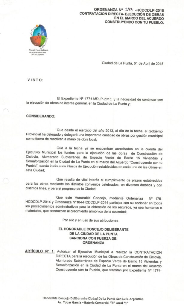 thumbnail of ORDENANZA N°243 -NO VIGENTE-HCDCDLP-2015-CONTRATACION DIRECTA-EJECUCION DE OBRAS EN EL MARCO DEL ACUERDO CONSTRUYENDO CON TU PUEBLO