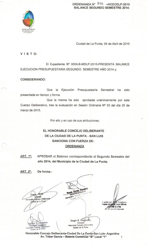 thumbnail of ORDENANZA N°245 -NO VIGENTE-HCDCDLP-2015-BALANCE SEGUNDO SEMESTRE 2014