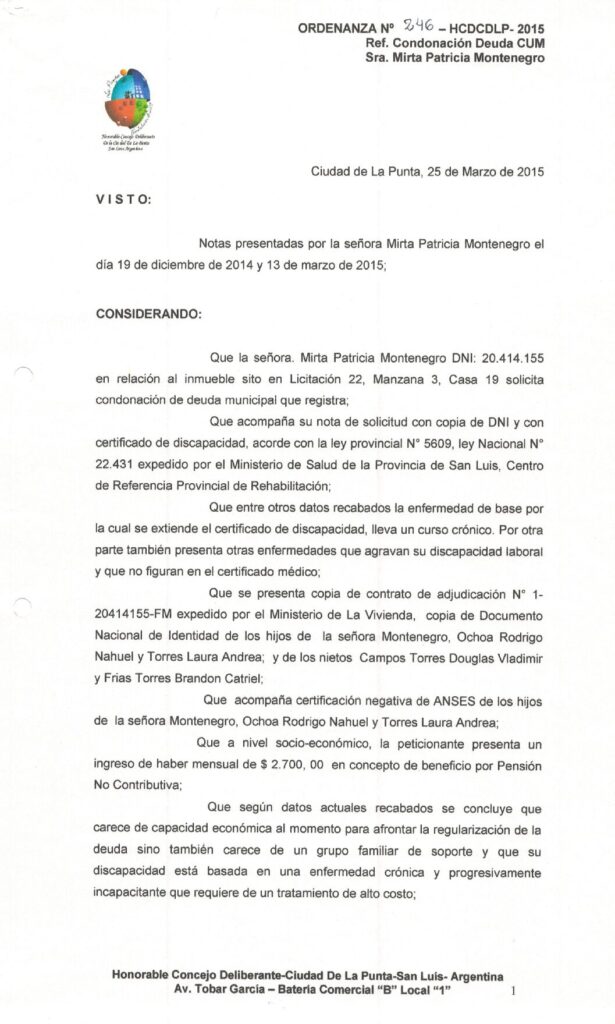 thumbnail of ORDENANZA N°246-NO VIGENTE-HCDCDLP-2015- REF.CONDONACION DEUDA CUM SRA. MIRTA PATRICIA MONTENEGRO